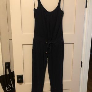 Navy blue terry jumpsuit with tie and pockets